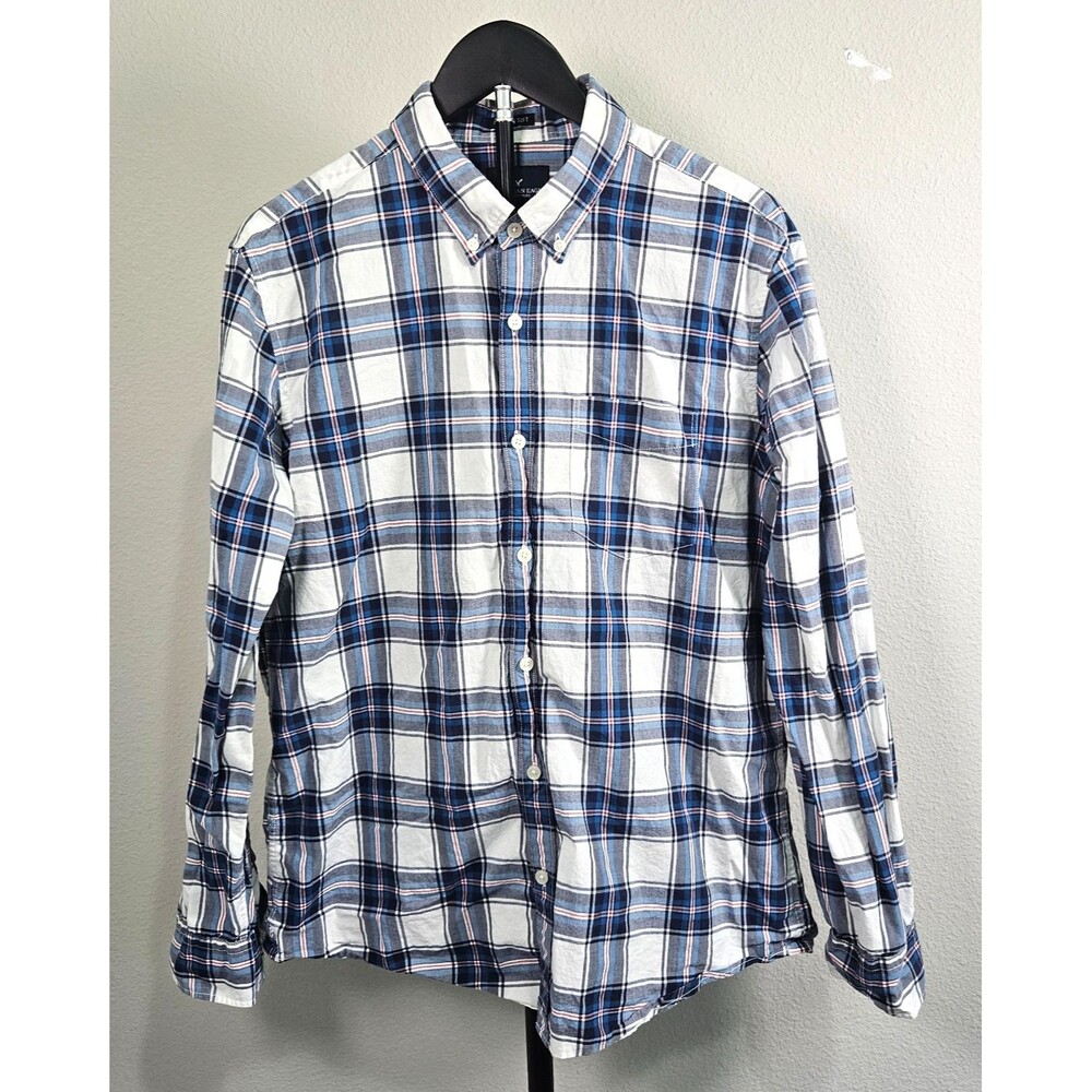 American Eagle Seriously Soft Plaid Shirt Mens Large Blue White Button Up Cotton